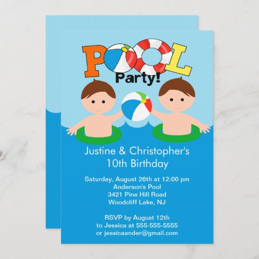 キュートツインボーイズプールパーティー誕生日招待状 招待状 (正面/裏面)