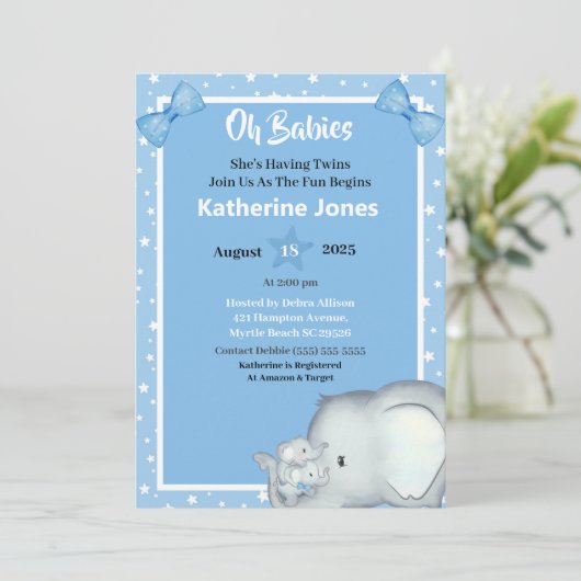 キュートツインボーイズ象ベビーシャワー招待状 招待状 (スタンド正面)
