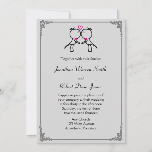 キュートツーグルームズキスをするゲイ結婚式招待状 招待状 (正面)