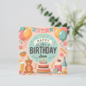 キュートテディベアパステルピンクハッピーバースデー 招待状 (スタンド正面)