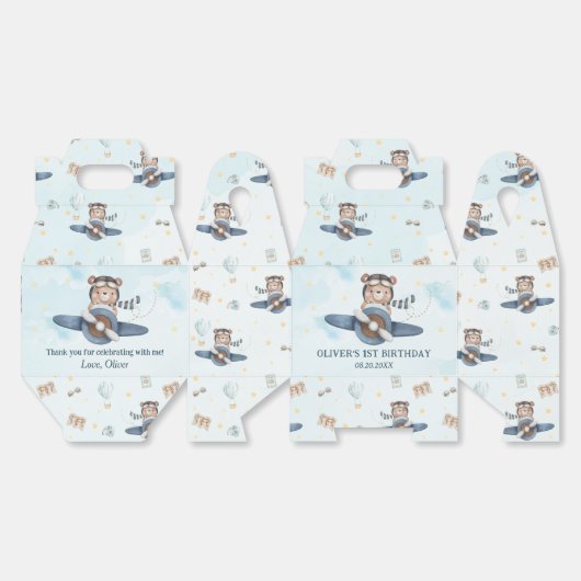 キュートテディベアブルー飛行機ボーイ誕生日新生児 フェイバーボックス (見開き)