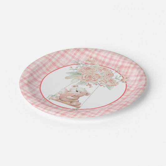 キュートテディベアーピンクプレイド紙プレート ペーパープレート (アングル)