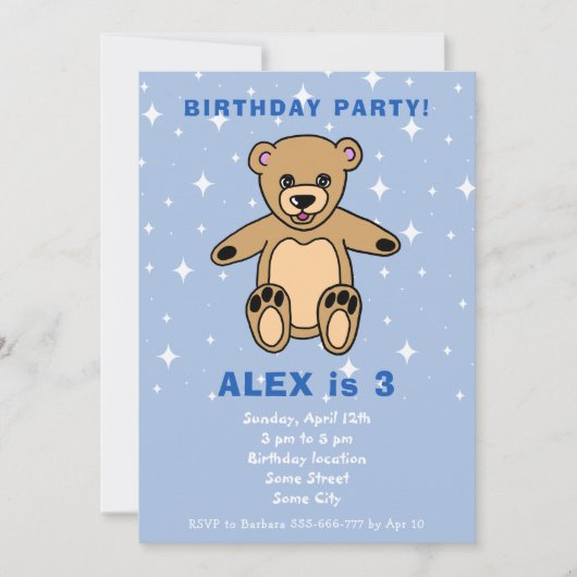 キュートテディベアーブルーボーイ誕生日 招待状 (正面)