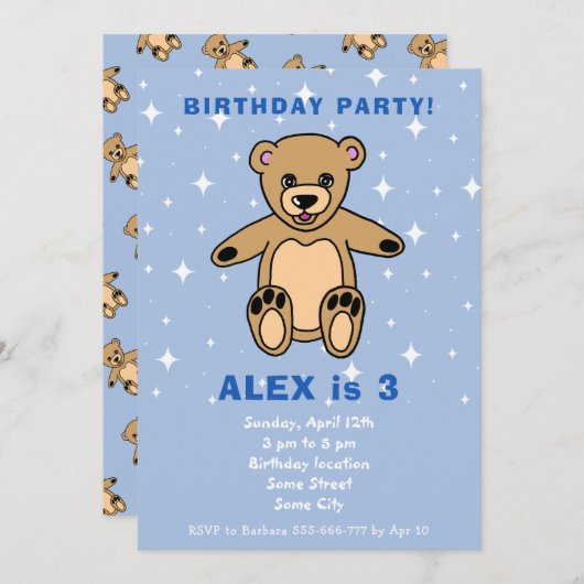 キュートテディベアーブルーボーイ誕生日 招待状 (正面/裏面)
