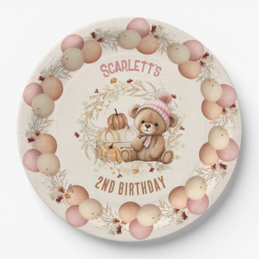 キュートテディベア秋ガール誕生日紙プレート ペーパープレート (正面)