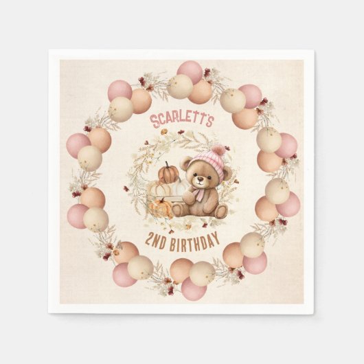 キュートテディベア秋誕生日ガール紙ナプキンス スタンダードカクテルナプキン (正面)