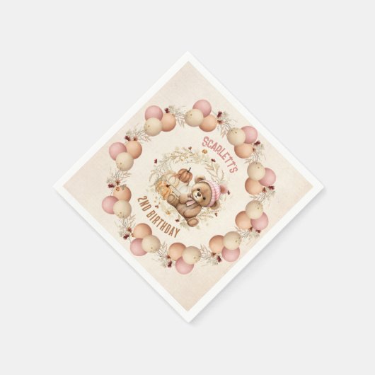 キュートテディベア秋誕生日ガール紙ナプキンス スタンダードカクテルナプキン (角)