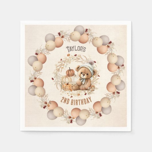 キュートテディベア秋誕生日ボーイ紙ナプキンス スタンダードカクテルナプキン (正面)