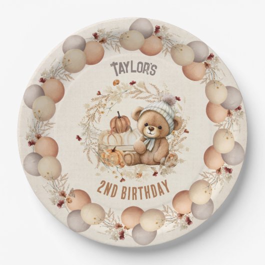 キュートテディベア秋誕生日紙プレート ペーパープレート (正面)