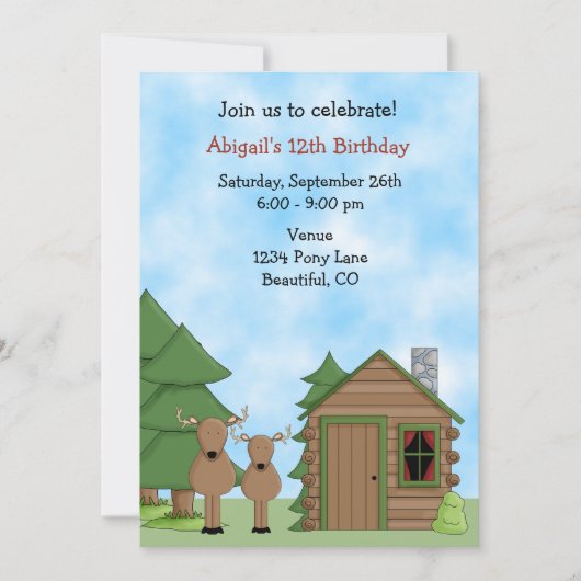 キュートディアーアンドキャビンウッドランド誕生日 招待状 (正面)