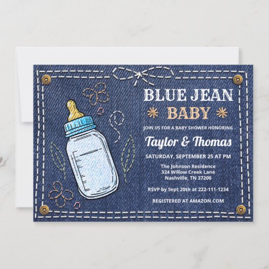 キュートデニムブルージャンベビーシャワー招待状 招待状 (正面)