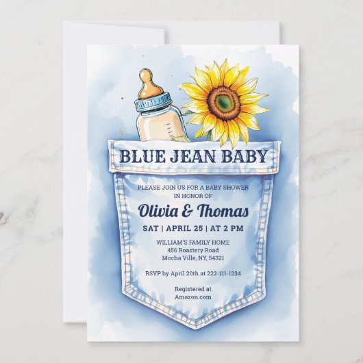 キュートデニムブルージャンベビーシャワー招待状 招待状 (正面)