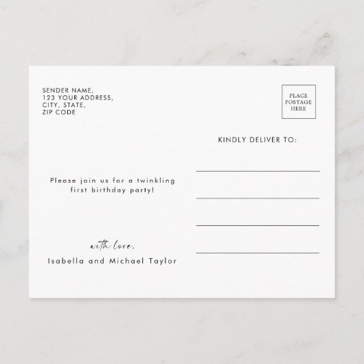 キュートトゥインクルトゥインクルリトルスターファースト誕生日 インビテーションポストカード (裏面)