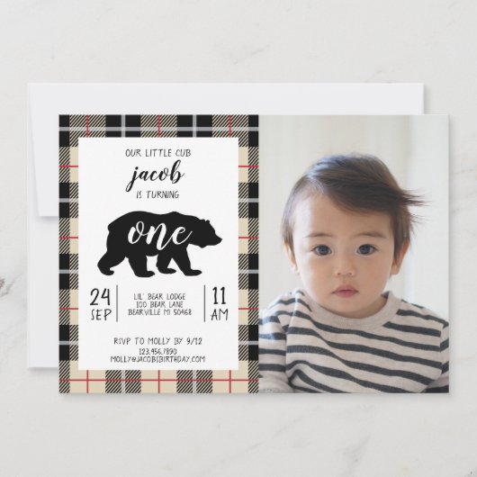 キュートトムソンカメルプレイドベビー写真1st誕生日 招待状 (正面)