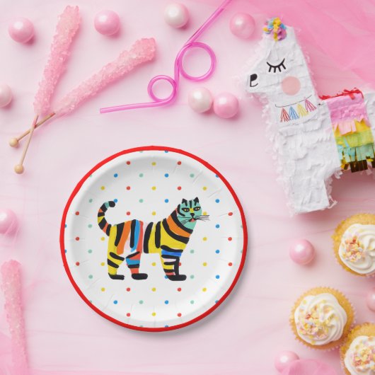 キュートトラカラフルガーキャット水玉模様誕生日 ペーパープレート (パーティー)