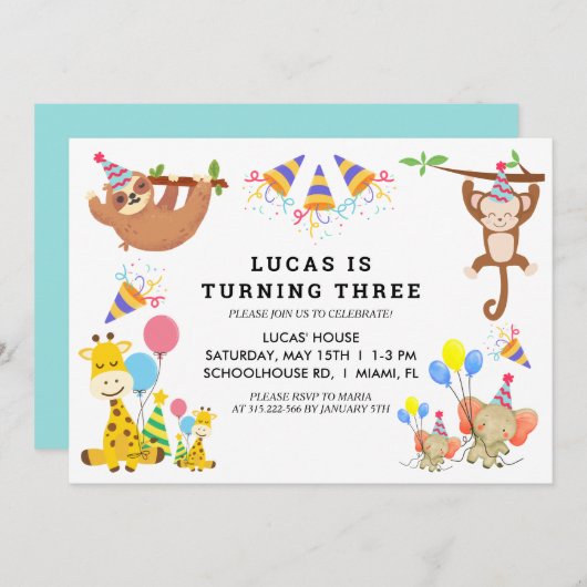 キュートトロピカルアニマルズサファリボーイズ誕生日 招待状 (正面/裏面)