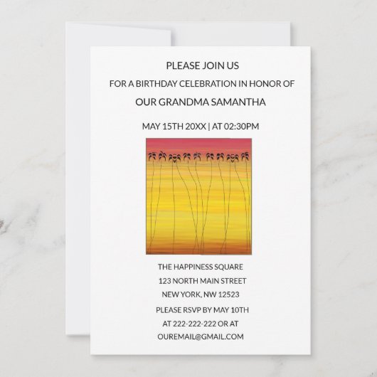 キュートトロピカルサマーサンセット誕生日 招待状 (正面)