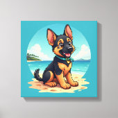 キュートドイツシェパードパピービーチイラストレーション キャンバスプリント (正面)