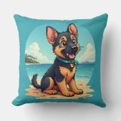 キュートドイツシェパードパピービーチイラストレーション クッション (正面)