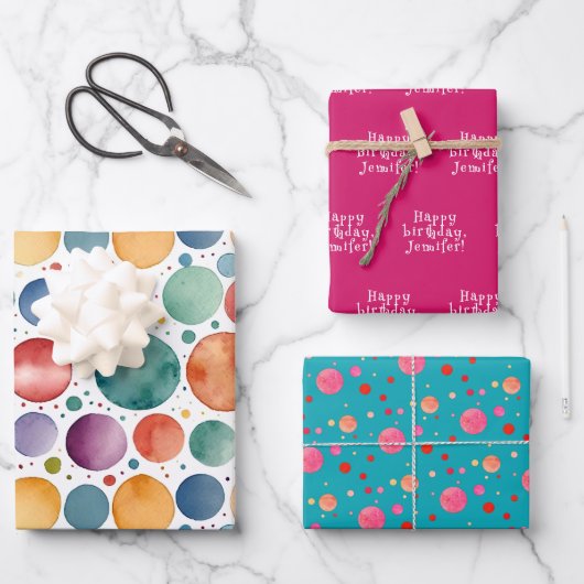 キュートドカラフルットターコイズ水彩誕生日 ラッピングペーパーシート (正面)