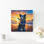 キュートドッグアットサンセットセレネ海ビーチ スクエア壁時計 (ホーム)
