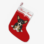 キュートドッグトリコラーチワフアレッドストライプズ スモールクリスマスストッキング (正面 (吊り時))