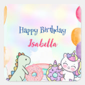キュートドナッツディノユニコーン誕生日レインボーパーティー スクエアシール (正面)