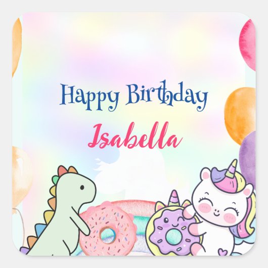 キュートドナッツディノユニコーン誕生日レインボーパーティー スクエアシール (正面)