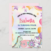 キュートドナッツディノユニコーン誕生日レインボーパーティー セーブザデート (正面/裏面)