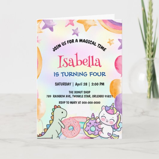 キュートドナッツディノユニコーン誕生日レインボーパーティー 招待状 (正面)