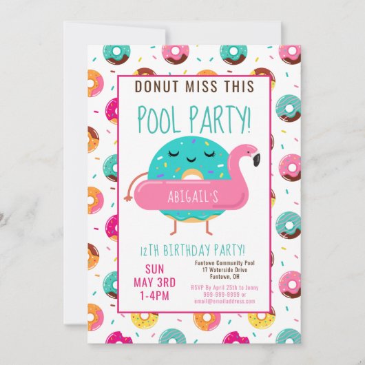 キュートドナットフラミンゴ誕生日プールパーティー女子 招待状 (正面)