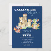 キュートドラゴンズ城フェアユタリーネイビー子供の誕生日 招待状 (正面)