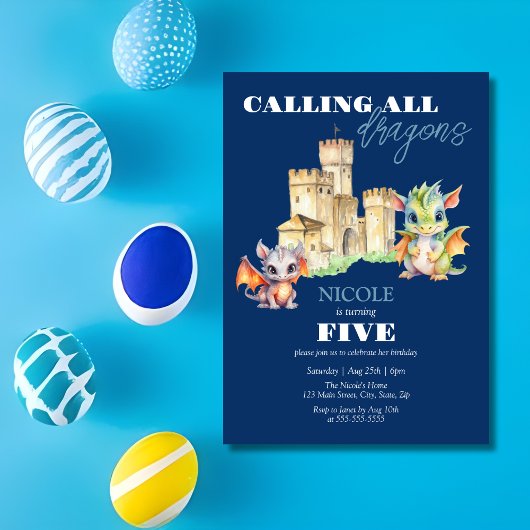 キュートドラゴンズ城フェアユタリーネイビー子供の誕生日 招待状