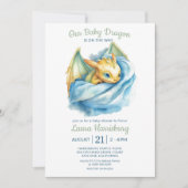 キュートドラゴンセージ緑の青い男の赤ちゃんシャワー 招待状 (正面)