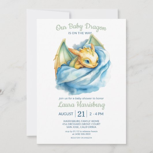 キュートドラゴンセージ緑の青い男の赤ちゃんシャワー 招待状