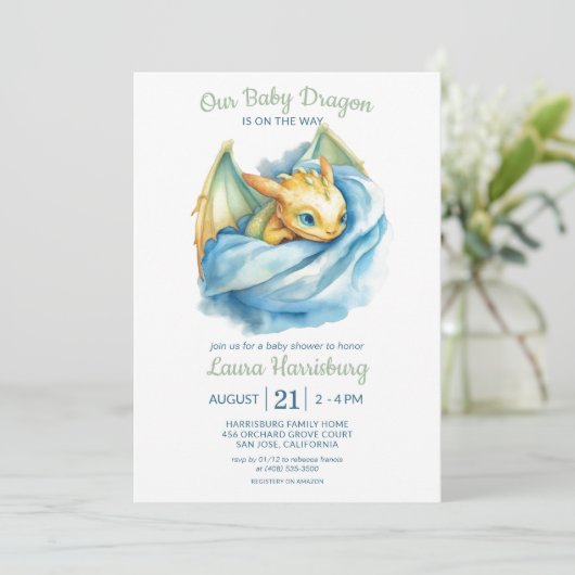 キュートドラゴンセージ緑の青い男の赤ちゃんシャワー 招待状 (スタンド正面)