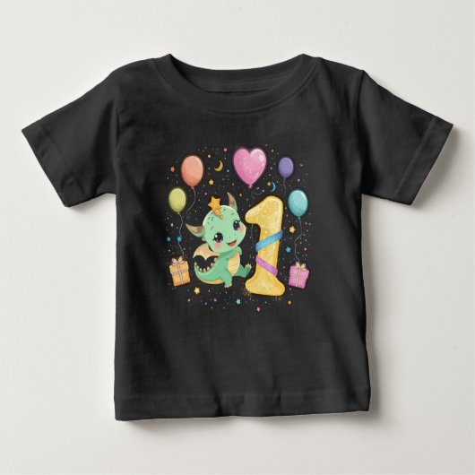 キュートドラゴンファースト誕生祝いボーイテーマ ベビーTシャツ (正面)