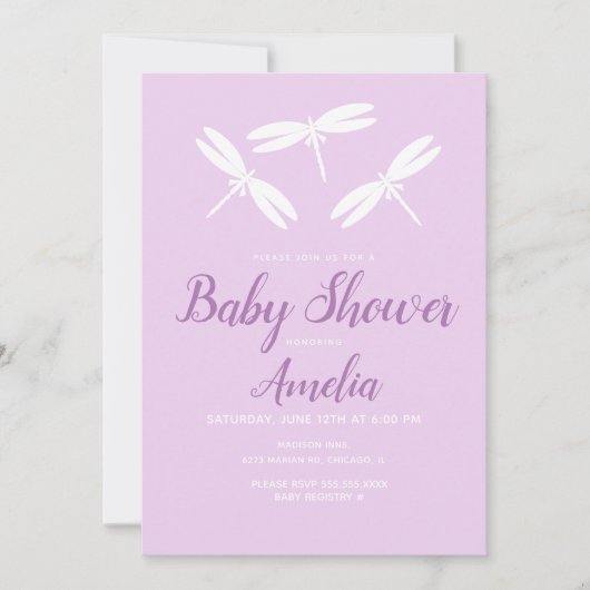 キュートドラゴンフライバイオレットベビーシャワー招待状 招待状 (正面)