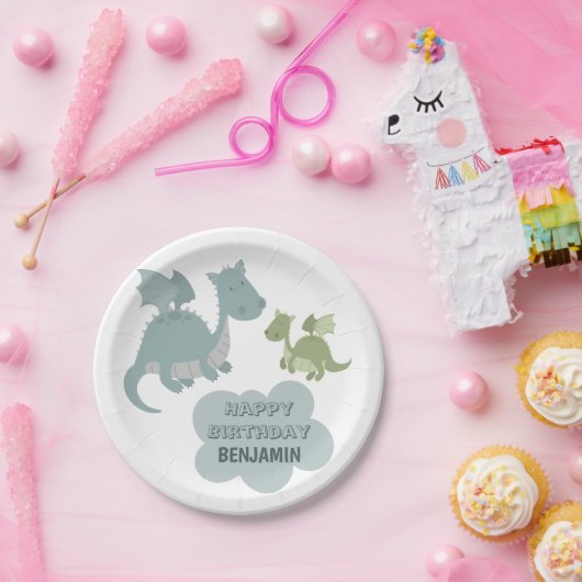 キュートドラゴンブルーグリーンパーソナライズされたネーム誕生日 ペーパープレート (パーティー)