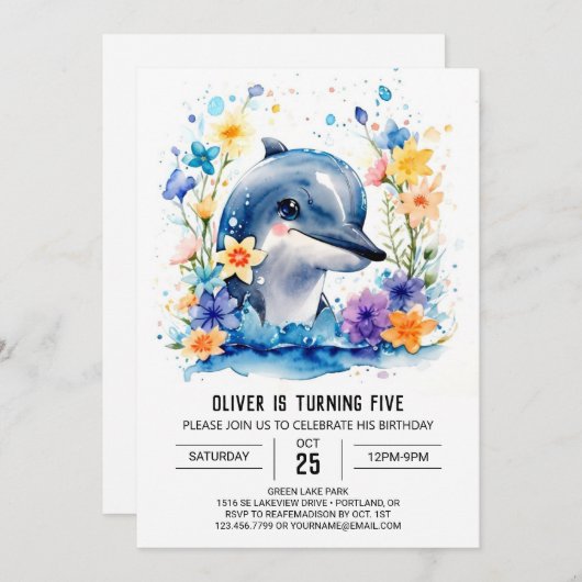 キュートドルフィンウォーターカラーアドベンチャー誕生日 招待状 (正面/裏面)