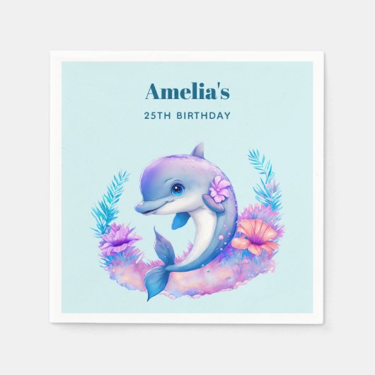 キュートドルフィンシークリーチャー誕生日 スタンダードカクテルナプキン (正面)