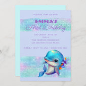キュートドルフィン虹彩色1歳の誕生日 招待状 (正面/裏面)