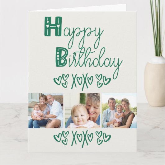 キュートドードルタイポグラフィグリーン3フォト誕生日 カード (正面)