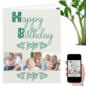 キュートドードルタイポグラフィグリーン3フォト誕生日 カード