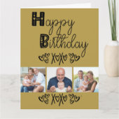 キュートドードルタイポグラフィ金ゴールドブラック3フォト誕生日 カード (正面)