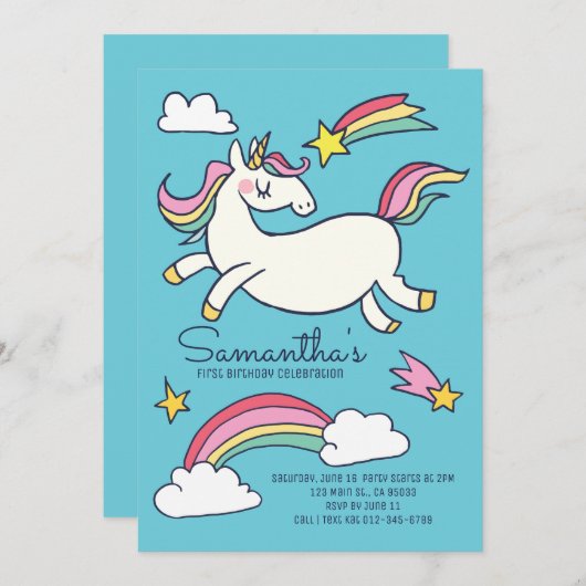 キュートドードルレインボーユニコーンスターズ誕生日 招待状 (正面/裏面)