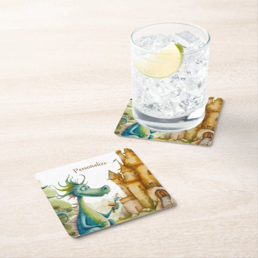 キュートナイトドラゴンキャッスルバースデーパーティーキッズ スクエアペーパーコースター (インサイチュ)