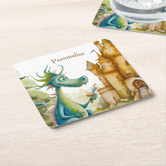 キュートナイトドラゴンキャッスルバースデーパーティーキッズ スクエアペーパーコースター (アングル)