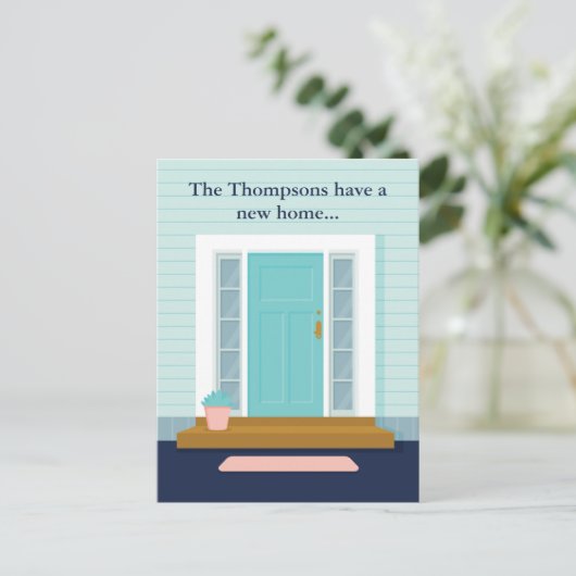 キュートニューホームティール(緑がかった色)ドア引っ越しました引っ越し祝いパーティー ポストカード (スタンド正面)