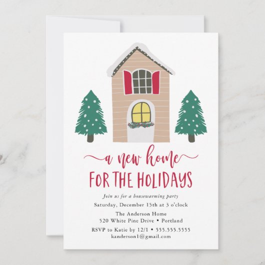 キュートニューホームフォーザホリデーズレッド引っ越し祝いパーティー 招待状 (正面)